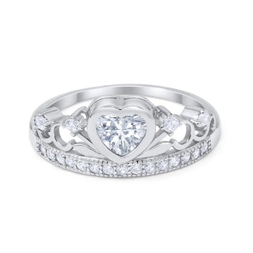 Heart Crown Ring Eternity Simulated Cubic Zirconia 925 Sterling Silver